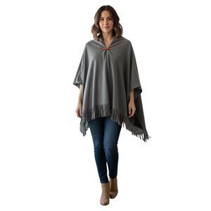 Le Mode Charcoal Grey Fringe Poncho with Leather Buckle Detail